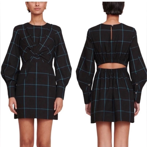 NWOT STAUD XS Crosshill Black Green Plaid Mini Dress